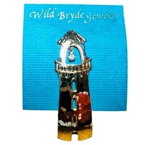 Wild Byrde Lighthouse Pin Brooch Rhinestone NOS Eclectic Hammered Vintage USA